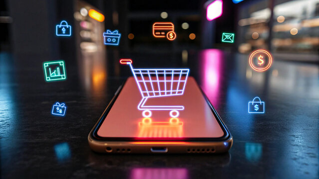 Ecommerce online shopping cart hologram on smartphone with digital payment icons and technology concept for mobile commerce and retail business