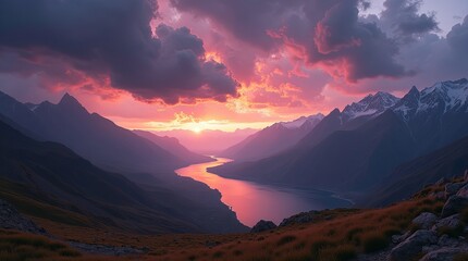 A breathtaking mountain landscape at sunset, with the sun casting a warm, golden glow over the rugged peaks