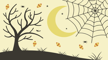Halloween night scene with a bare tree, moon, spider web, and falling candy vector background