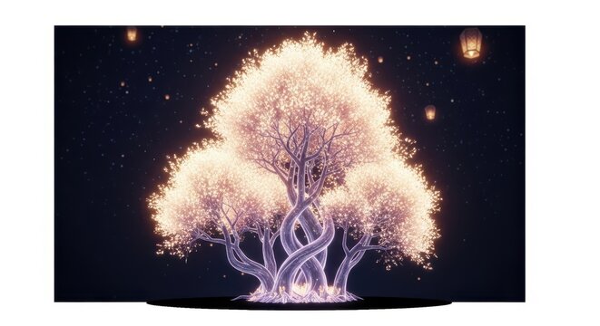 Enchanting fantasy tree with glowing ethereal leaves and floating lanterns at night