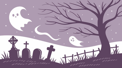 Spooky halloween graveyard scene with ghosts and a bare tree under a purple night sky vector background