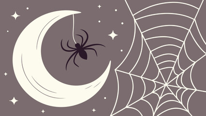 Halloween night with a crescent moon, spider, and cobweb against a starry sky vector background