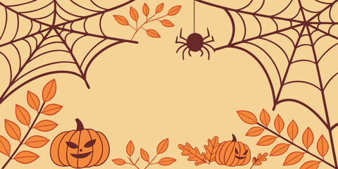 Spider web and spider frame a composition with two carved pumpkins and autumn leaves on a light orange background vector background