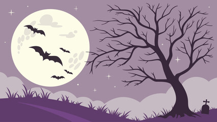 Bats fly in front of a large full moon near a bare tree on a spooky purple hill with a tombstone vector background
