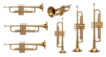 Collection of golden trumpets in various poses and angles, isolated on transparent background