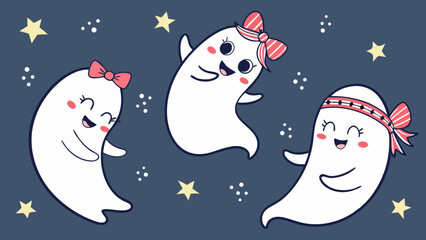 Three cute cartoon ghosts with bows dancing happily on a dark blue background with stars vector background