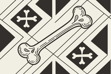 Stylized drawing of a bone with cross symbols on a geometric background vector background