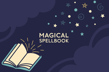 Magical spellbook with stars and swirls emanating from an open book against a dark blue background vector background