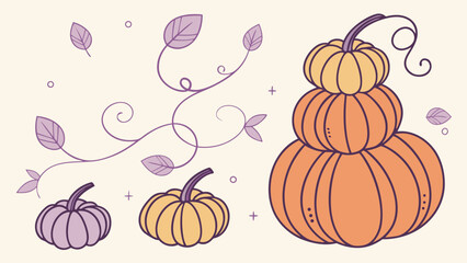 Stacked pumpkins and autumn leaves in a whimsical illustration style vector background