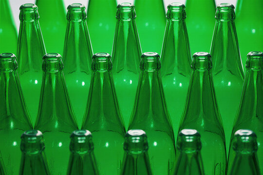 Overhead view of green glass bottles arranged symmetrically.