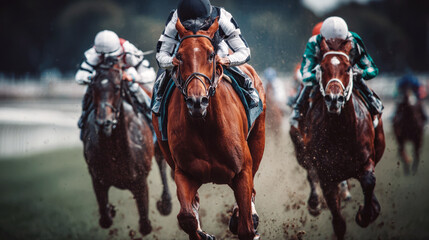 A close-up, low-angle shot captures three racehorses and their jockeys thundering towards viewer, with dirt and grass flying. Motion blur and intense expressions convey speed and excitement of race