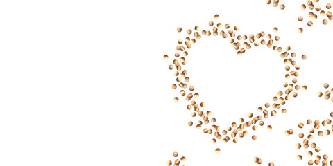 Holiday banner with a gold confetti heart on a white background, watercolor illustration. Postcard template with sparkling glitter for Valentine's Day. Abstract background with a heart