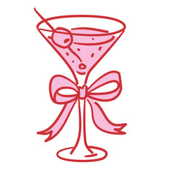 Red Outlined Martini with olive with ribbon Filled Line Art Illustration for Bachelorette Party Coquette Style Celebration Party Invitations Greeting Cards and Festive Decoration Design