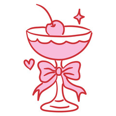 Red Outlined Coup cocktail glass with ribbon and cherry set Pink Filled Line Art Illustration for Bachelorette Party Coquette Style Celebration Party Invitations Greeting Cards and Festive Decoration 