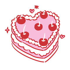 Red Outlined heart shaped cake set Pink Filled Line Art Illustration for Bachelorette Party Coquette Style Celebration Party Invitations Greeting Cards and Festive Decoration Design