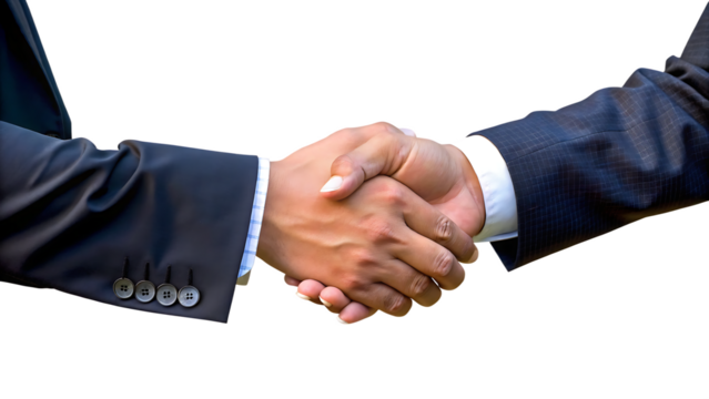 Two men shaking hands in dark suits isolated on a transparent background handshake