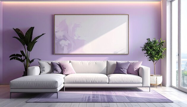 A modern living room with a white sectional sofa, purple accent wall, and large windows letting in natural light.