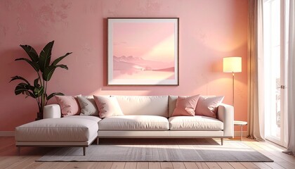 A modern living room featuring a white sectional sofa, a pink accent wall, a large green plant, and a framed artwork, illuminated by natural light and a floor lamp.