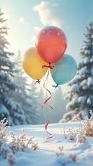 Pastel Balloons Adrift Over Snowy Branches in Winter Wonderland with Ribbon Streamers and Snowflakes Gleaming