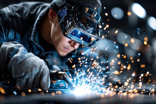 Welder working with sparks in factory