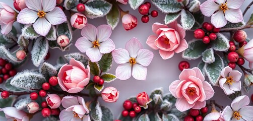 Delicate winter blooms arranged in a circular frame, frosted leaves and berries, rustic, white