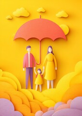 Family Under Umbrella in Bright Colors Representing Life and Security on Paper Background