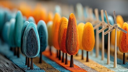 Colorful Paper Art Landscape Featuring Trees, Windmills, and Solar Panels