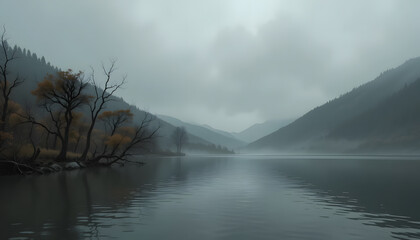 Serene Lake Scene: A misty mountain landscape unfolds, with a tranquil lake mirroring the overcast sky, a symphony of muted tones and tranquil serenity.