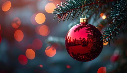 Red bauble hangs on Christmas tree branch with festive bokeh lights in background, creating warm holiday atmosphere