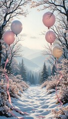 Pastel Balloons Adrift Over Snowy Branches in Winter Wonderland with Ribbon Streamers and Snowflakes Gleaming