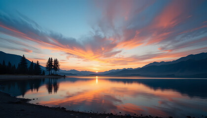 Sunset Serenity: Captivating hues of orange and blue paint the sky as the sun descends, reflecting on the tranquil lake. The scene, framed by silhouette mountain and a hint of trees.