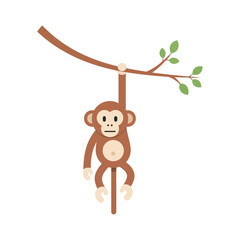 Fototapeta premium Cute cartoon monkey hanging from a tree branch with green leaves. Adorable primate animal character in a simple flat vector style illustration