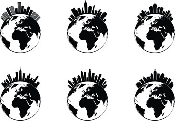 This vector icon collection shows a global megacity crowning planet Earth, a concept symbolizing the corporate world, globalization, and worldwide urban development