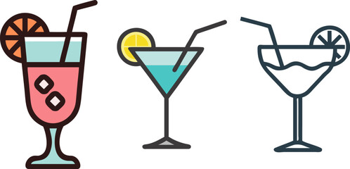 Delicious Cocktails with Tropical Fruits and Fresh Ice Cubes Vector Illustration