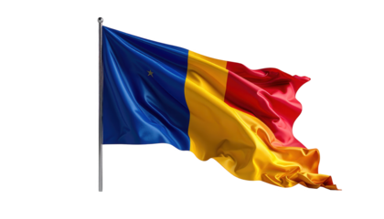 A digitally rendered image showcasing the national flag of the Republic of Moldova, flowing majestically against a pure black backdrop.