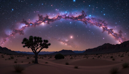 Cosmic Desert Night: The awe-inspiring cosmos unveils a panorama of celestial wonders, painting the vast desert night sky with vibrant colors, with a solitary tree standing in silhouette. 