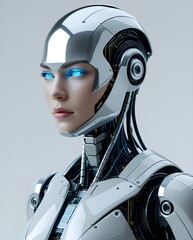 High Tech Humanoid Machine with Metallic Futuristic Helmet