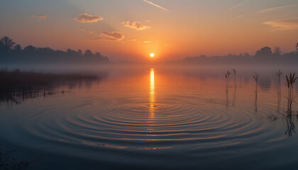Golden Hour Serenity: A breathtaking vista of a serene lake reflecting the fiery hues of a radiant sunrise, evoking a sense of peace and tranquility.