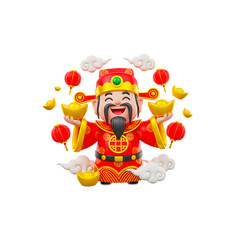3d icon of chinese god of wealth holding gold ingots isolated on transparent background