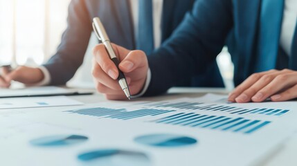 Two professionals analyze charts and graphs on a desk, focusing on business data with pens in hand, suggesting a collaborative work environment.