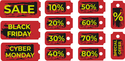 A Set of BLACK FRIDAY and CYBER MONDAY Sale coupons featuring typography, numbers, discount percentages, a grunge red brush texture, discount tags. For online stores, marketing, special offer banner