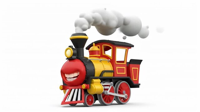 Animated 3D Cartoon Steam Train with a Happy Smile Puffing Smoke on a White Background