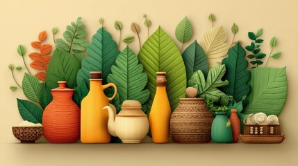 Colorful Spa Essentials with Leaves and Natural Products for Relaxation and Wellness