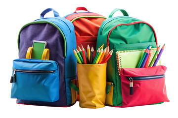 Colorful Backpacks Filled With School Supplies And Pencils education isolated on a transparent background