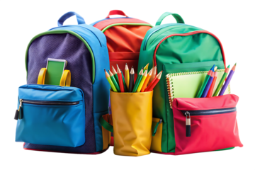 Colorful Backpacks Filled With School Supplies And Pencils education isolated on a transparent background