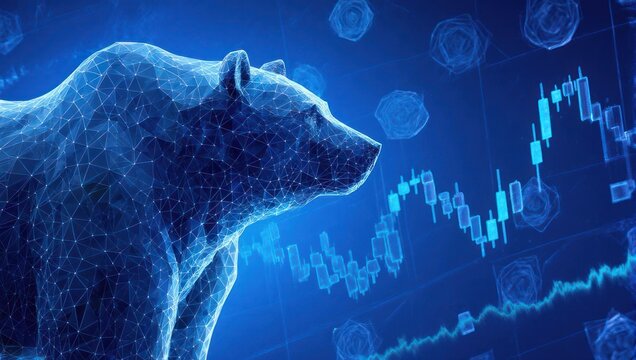 Dynamic digital bear represents stock market decline, symbolizing economic uncertainty and financial risk with abstract data visualizations