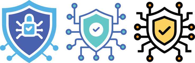 Cybersecurity safety shield icons in various modern colors representing data protection