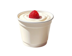A close-up  shot of a small, white paper cup filled with whipped cream, topped with a single red raspberry.
