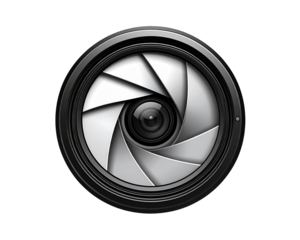 A clean minimalist photography logo featuring a circular camera lens icon with subtle