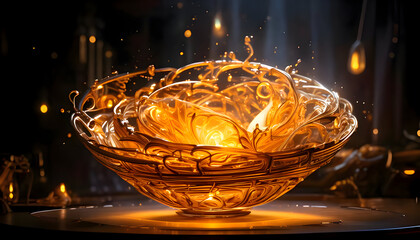 Create a whimsical 3D illustration of a hovering glazed porcelain golden neon glow light on digital art concept, Generative AI.